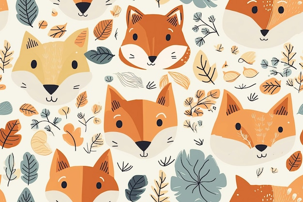 Cute seamless pattern of foxes on a forest background with leaves and dots Generative AI illustration