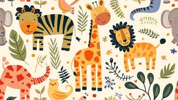 Foto carino disegno senza cuciture con animali dei cartoni animati africani leone zebra scimmia elefante giraffa flamingo pappagallo fiori e foglie colori brillanti