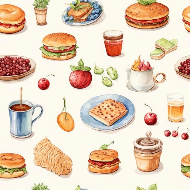 Cute Seamless Pattern with Cartoon Food