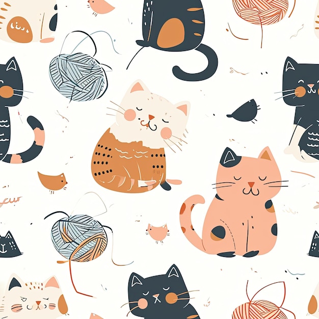 cute seamless pattern with cat play skein of wool thread art print
