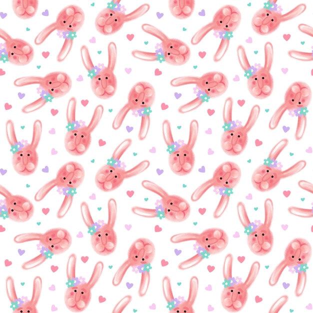 Cute seamless pattern with cute rabbit faces and hearts