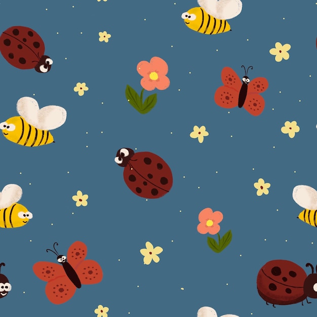 Cute seamless pattern with ladybugs butterflies bees and flowers on blue background