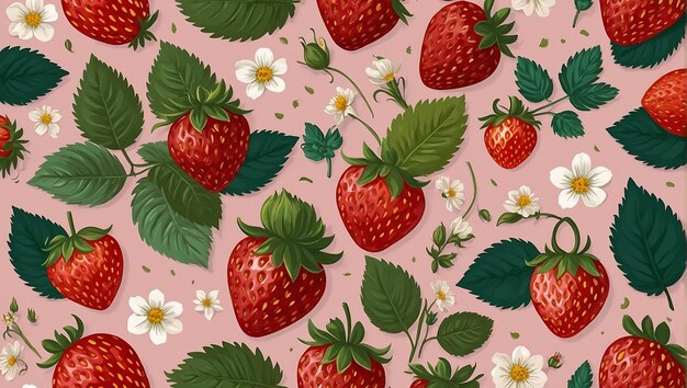 Photo cute seamless pattern with strawberries flowers and leaves