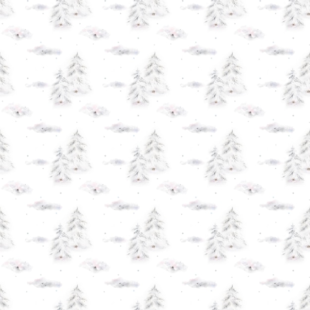 Cute seamless pattern with watercolor winter fir trees, snow and clouds. Constellation bears.