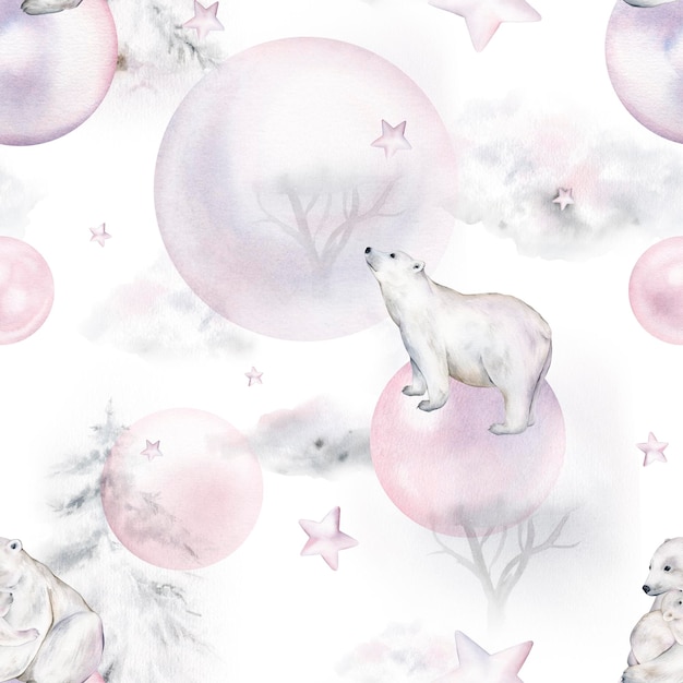 Cute seamless pattern with watercolor winter polar bear pearl beads Mother and her child Constellation bears Cute children pattern Perfect for background paper or textiles