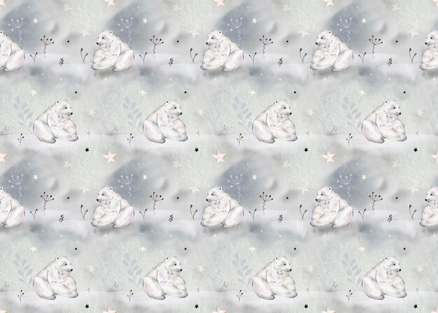 Cute seamless pattern with watercolor winter polar bear pearl beads Mother and her child