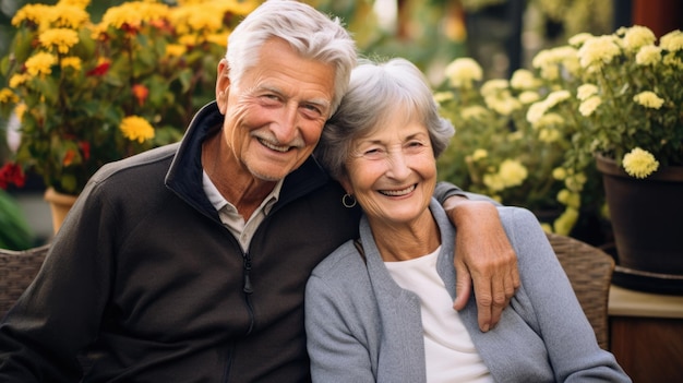 꽃밭에 있는 귀여운 노부부 행복한 은퇴 개념의 생명 보험 계획