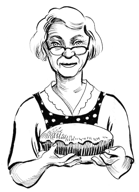 Cute senior woman with a pie. Ink black and white drawing