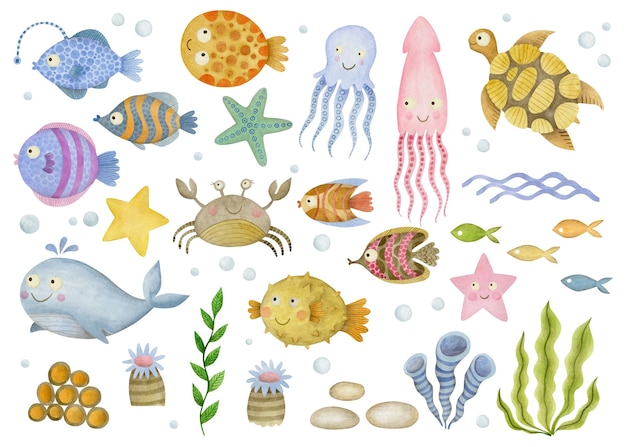 Photo cute set of cartoon underwater ocean sea animals octopus crab fish squid starfish