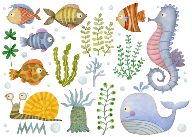 Фото Милый набор мультяшных подводных морских животных, осьминогов, крабов, рыб, кальмаров, морских звезд