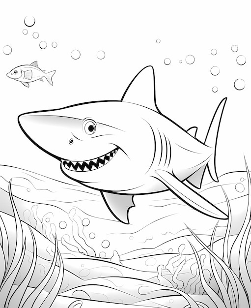 Foto cute shark party simple line art pagina da colorare per bambini con squali dei cartoni animati