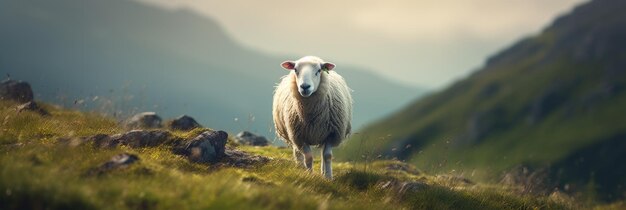 Photo cute sheep in a field on the background of mountains