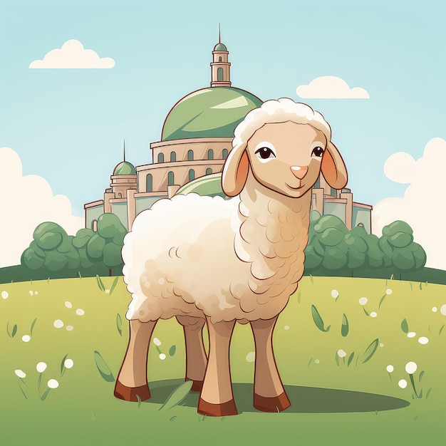 cute sheep in front of mosque