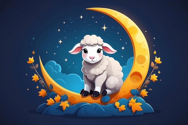 Cute sheep sitting on moon cartoon vector icon illustration animal holiday icon concept isolated