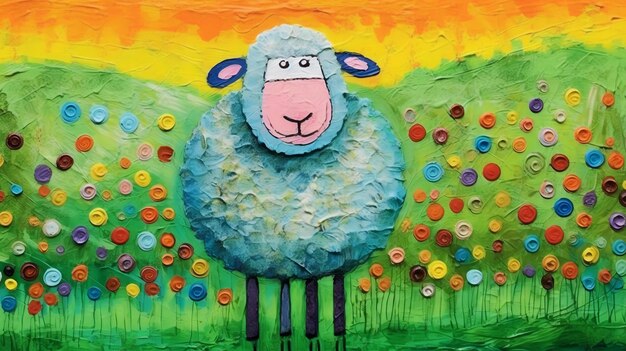 Cute sheep standing in green field oil pastels drawing