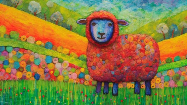 Cute sheep standing in green field oil pastels drawing