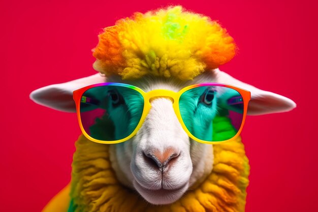 Cute sheep wearing sunglasses animal on summer vacation animal illustration Ai generative