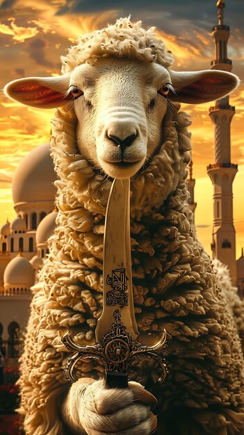 Photo cute sheep with knife mosque on background hyper realistic ultra detailed
