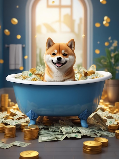 Photo cute shiba dog in the bathtub of money