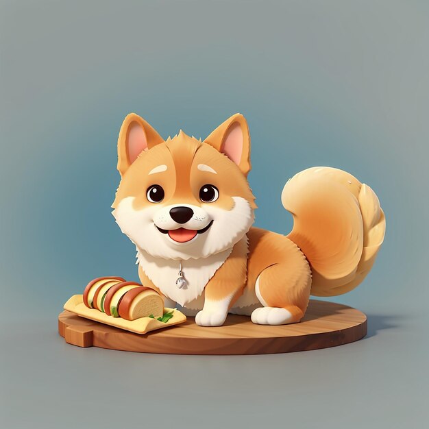 Cute shiba inu dog artist holding bread cartoon vector icon illustration animal food isolated flat