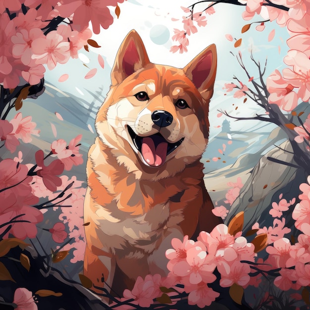 cute shiba inu dog in blooming sakura background