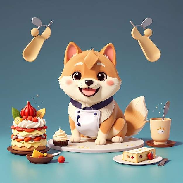 Cute shiba inu dog chef cooking cake cartoon vector icon illustration animal food icon isolated