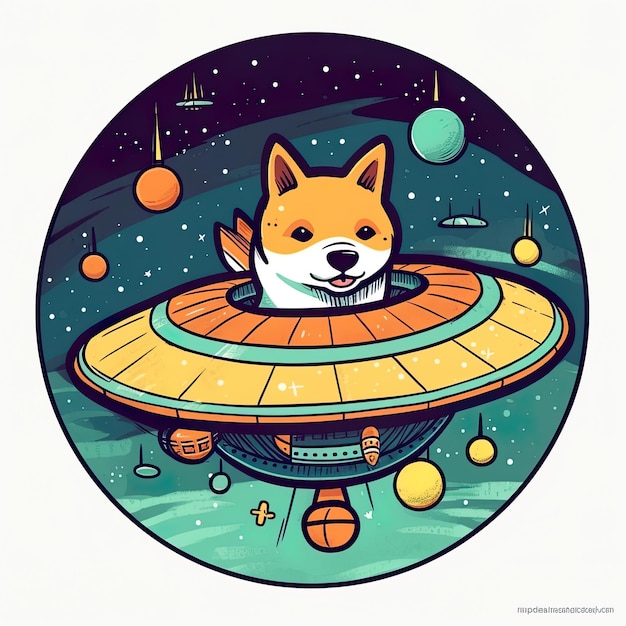 Cute shiba inu dog in flying saucer ufo generative AI illustration