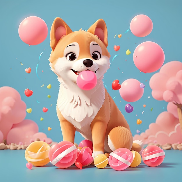 Cute shiba inu dog girl blowing candy bubble gum cartoon vector icon illustration animal food flat