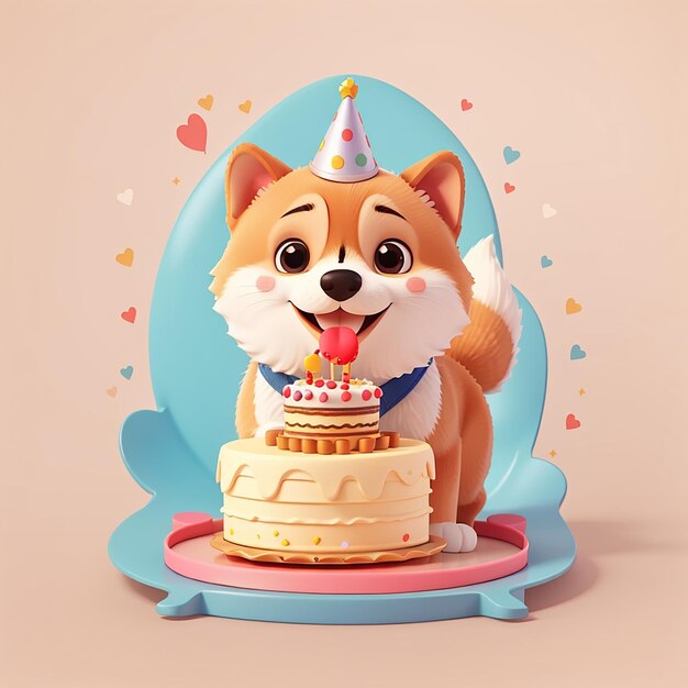 Cute shiba inu dog holding birthday cake cartoon vector icon illustration animal food isolated flat