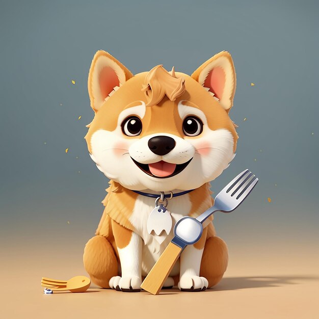 Cute shiba inu dog poke bone with fork cartoon vector icon illustration animal food icon isolated