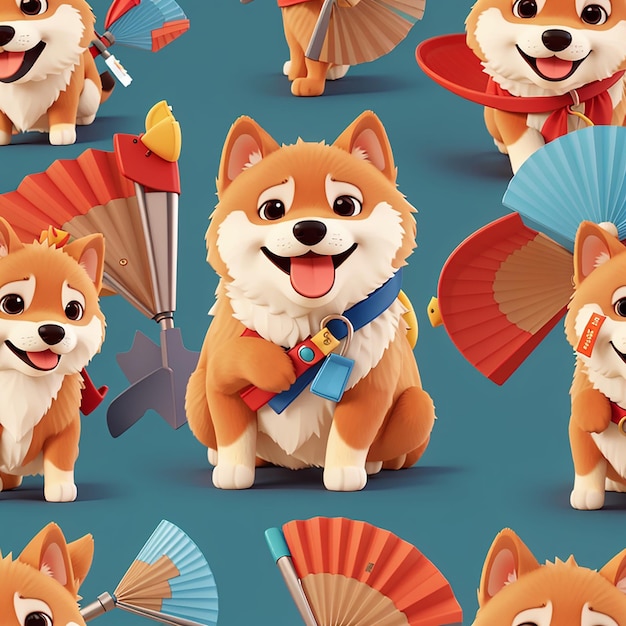 Cute shiba inu dog stiflingly hot holding handheld fan cartoon vector icon illustration animal object