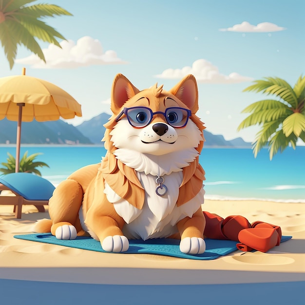 Cute Shiba Inu Dog Summer Sunbathing On Beach Cartoon Vector Icon Illustration Animal Summer Icon Concept Isolated Premium Vector Flat Cartoon Style
