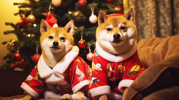 Милая собака Шиба-ину в рождественских нарядах на фоне рождественской елки С Новым годом