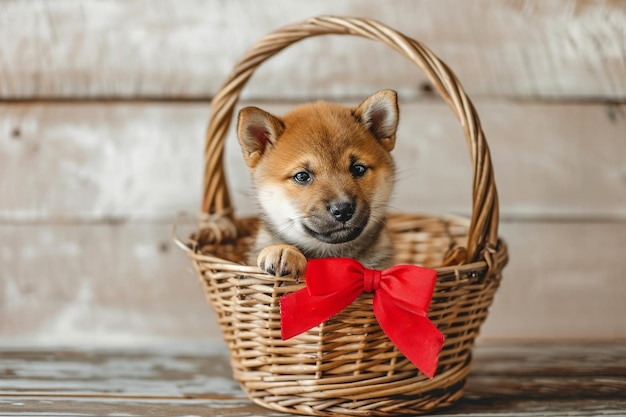 Cute Shiba Inu puppy with red bow in basket rustic brick wall on background