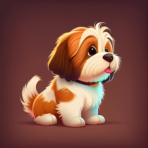 Симпатичная собака породы ши-тцу, мультипликационный рисунок, цифровая художественная иллюстрация, генеративный ИИ