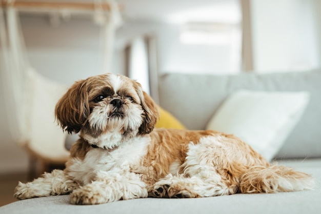 自宅のソファで休んでいるかわいいシー・ズー犬