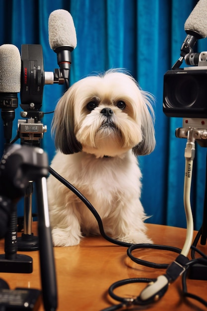 Cute Shih Tzu dog with cameras and microphones in front Vertical orientation Generative ai