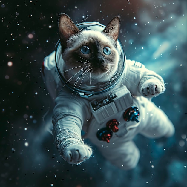 Cute siamese cat in a astronaut suit flying in space immensity black