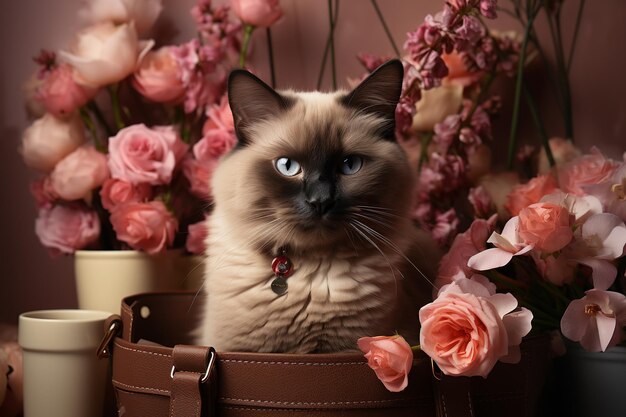 Foto carino gatto siamese con un bouquet di fiori e una borsa su uno sfondo floreale