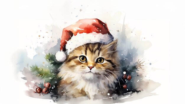 Cute siamese kitten in santa hat on christmas background