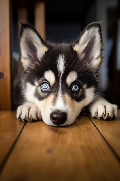 Cute siberian husky puppy lying on the wooden floor