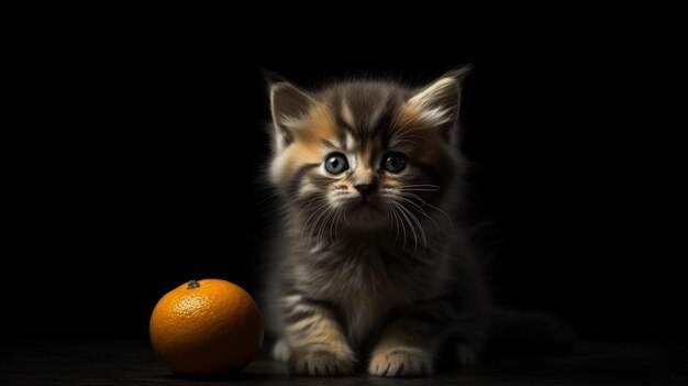 Cute siberian kitten with orange in studio on black backgroundgenerative ai