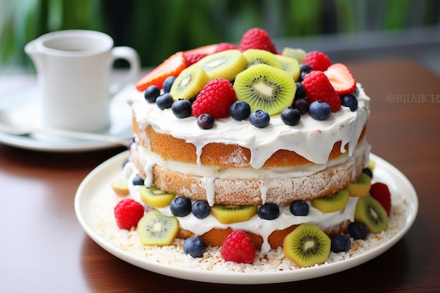 Cute simple birthday cake with frosting sprinkles and fruits