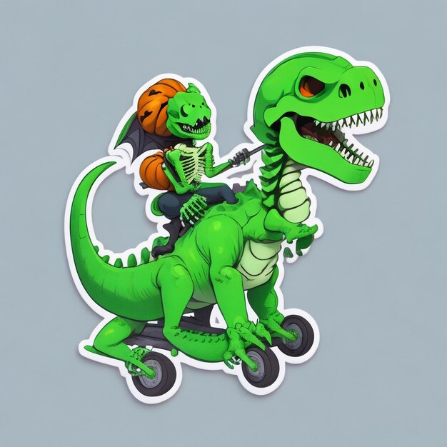 Photo cute skeleton riding green dinosaur