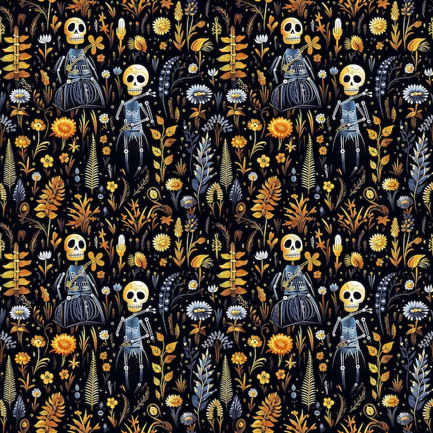 cute skeletons naive art Seamless pattern