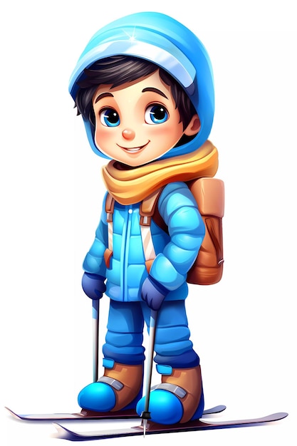 Cute skiing boy dressed in winter clothes cartoon character