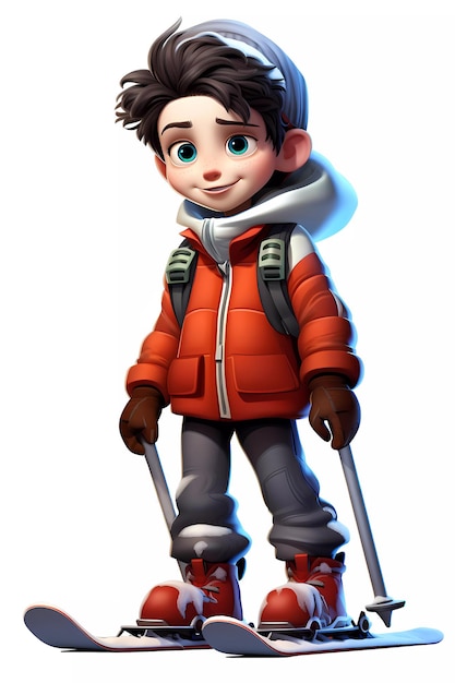 Cute skiing boy dressed in winter clothes cartoon character