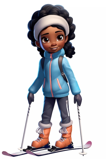 Cute skiing girl dressed in winter clothes cartoon character