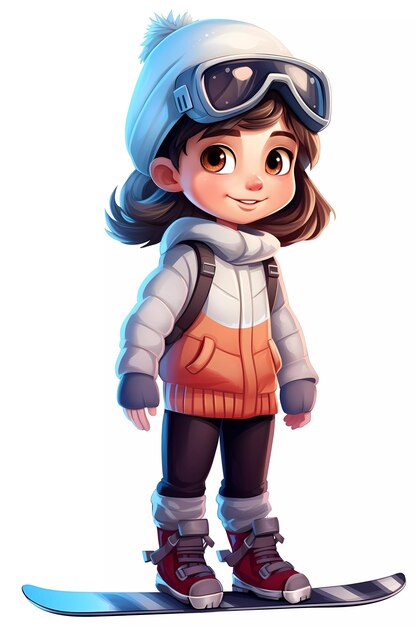 Photo cute skiing girl dressed in winter clothes cartoon character