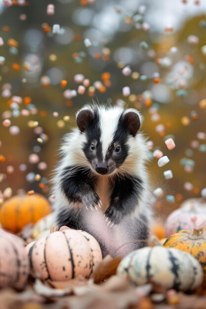 Cute Skunk Amongst Autumn Pumpkins Fall Season Wildlife Animal Portrait with Festive Background